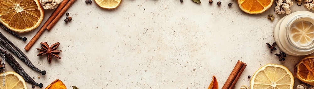 Dried orange slices, star anise, cinnamon sticks, vanilla beans, and peppercorns arranged around a blank space on a textured beige background. Dried orange slices, star anise, cinnamon sticks, vanilla beans, and peppercorns arranged around a blank space on a textured beige background.
