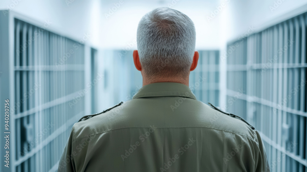 Rear View Of Guard In Uniform Standing In Prison Corridor Surrounded By Jail Cells Rear View Of Guard In Uniform Standing In Prison Corridor Surrounded By Jail Cells