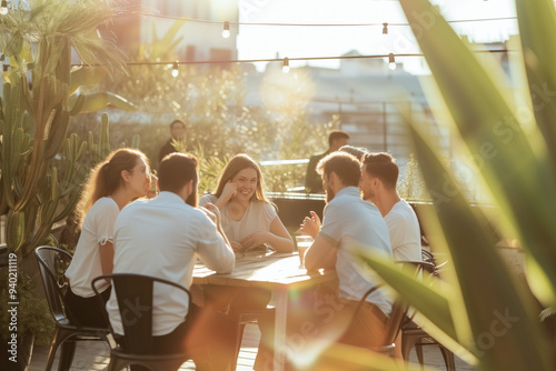 Group of young professionals having a discussion at a sunlit outdoor table in a lush urban garden setting.