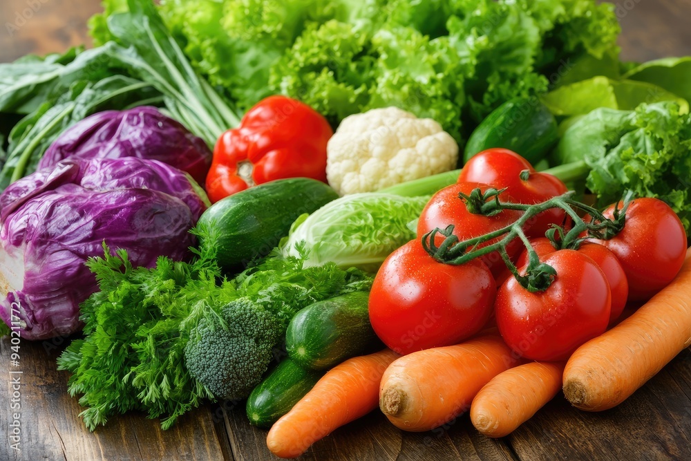 Fresh Vegetables Assortment on Wooden Surface Fresh Vegetables Assortment on Wooden Surface