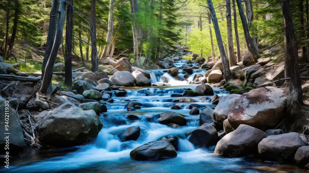 Serene Forest Stream: Tranquil Water Flowing Through Rocks