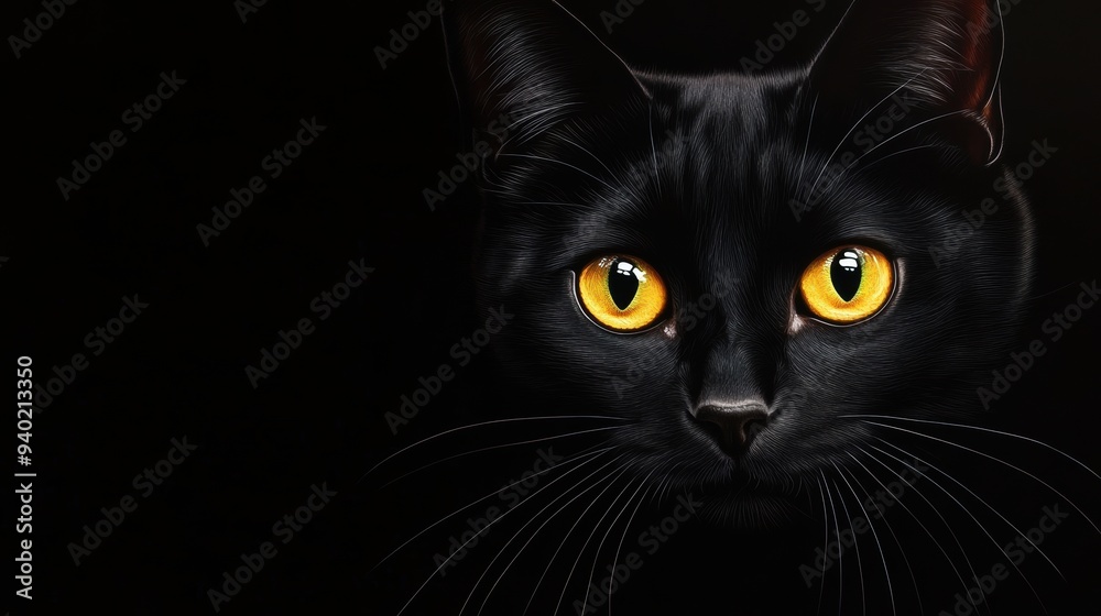 Mesmerizing Close-up of a Black Cat with Intense Yellow Eyes in a Dark Background Mesmerizing Close-up of a Black Cat with Intense Yellow Eyes in a Dark Background