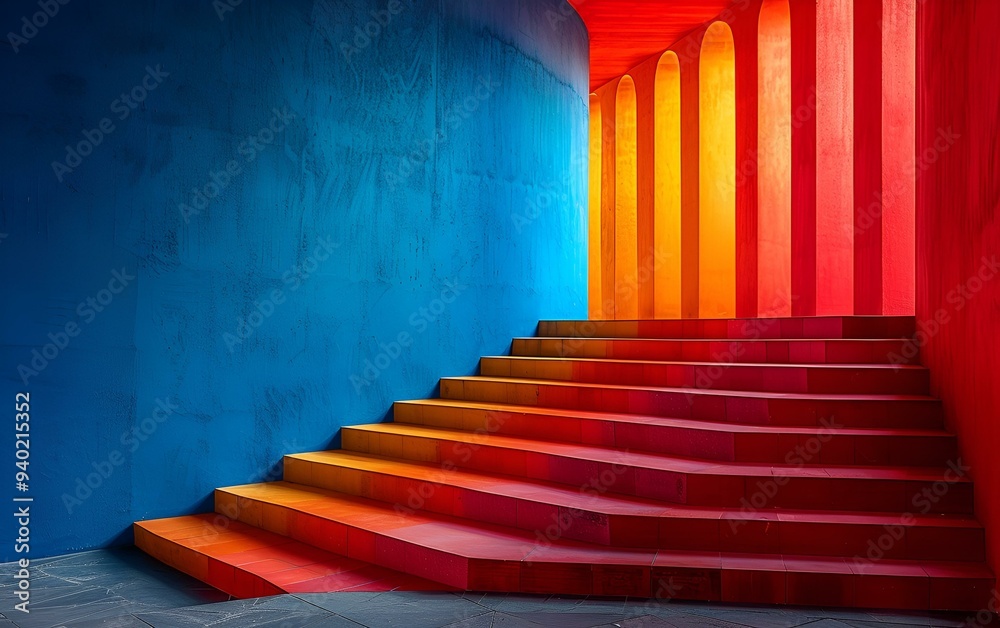 Obraz premium a red and blue staircase with a bright light. 