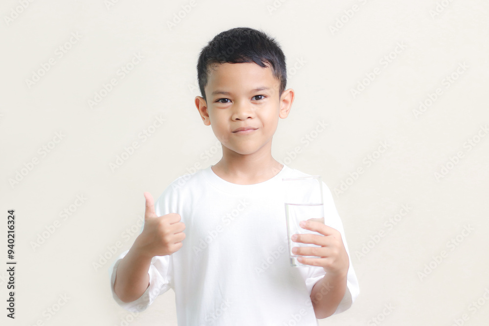 cute little asian boy Standing and Smiling little with a holding an empty glass of water on white background. cute little asian boy Standing and Smiling little with a holding an empty glass of water on white background.