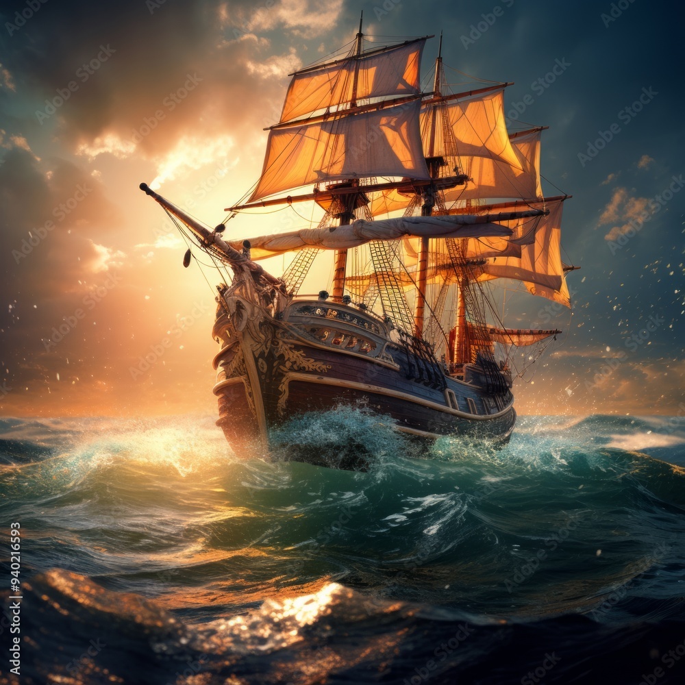 Obraz premium Realistic Coastal Sailing Ship A Modern Art Perspective