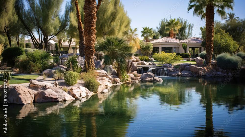 Obraz premium Tranquil Pond with Palm Trees and a House in the Background