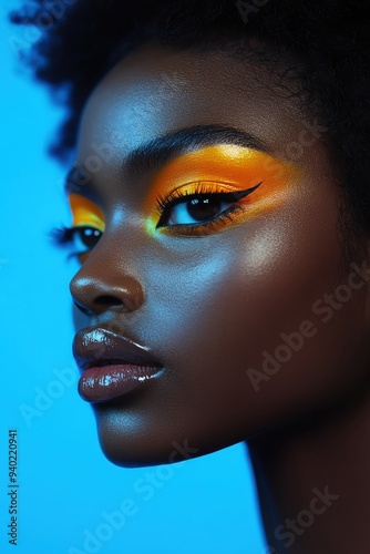 Closeup of a model with bold, colorful eye makeup on a blue backdrop