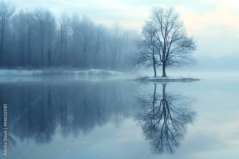 A solitary tree stands tall, its reflection mirrored perfectly in the calm water below.
A solitary tree stands tall, its reflection mirrored perfectly in the calm water below.