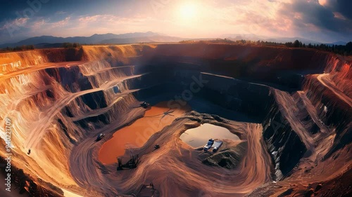 Aerial View of a Huge Open Pit Mine at Sunset