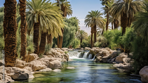 Tranquil Oasis with Palm Trees and Flowing Water