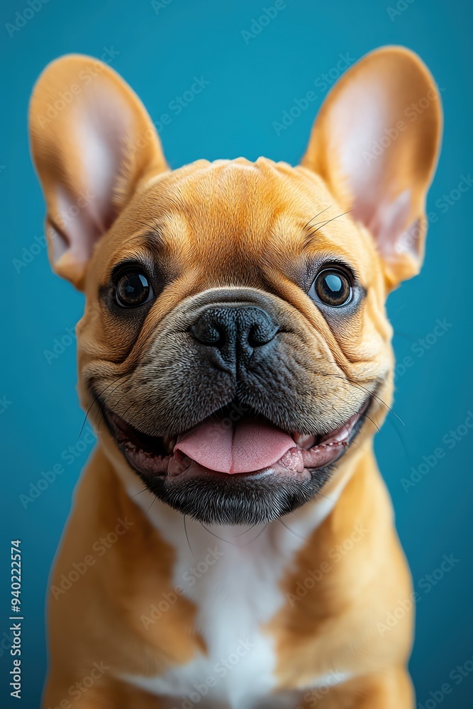 Happy French Bulldog puppy laying down, smiling against a bright blue background Happy French Bulldog puppy laying down, smiling against a bright blue background