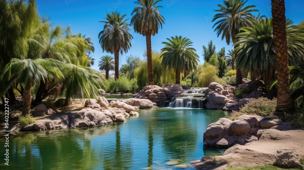Tranquil Oasis: Palm Trees and Waterfall in a Lush Desert Landscape Tranquil Oasis: Palm Trees and Waterfall in a Lush Desert Landscape
