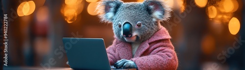 Koala dressed in human clothes, holding a laptop, quirky expression, gradient background, playful and whimsical