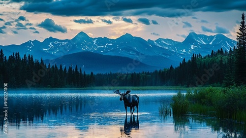 Moose standing in Montana mountain lake at dusk which brings forward