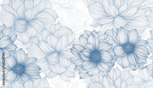 Delicate blue line art floral pattern.