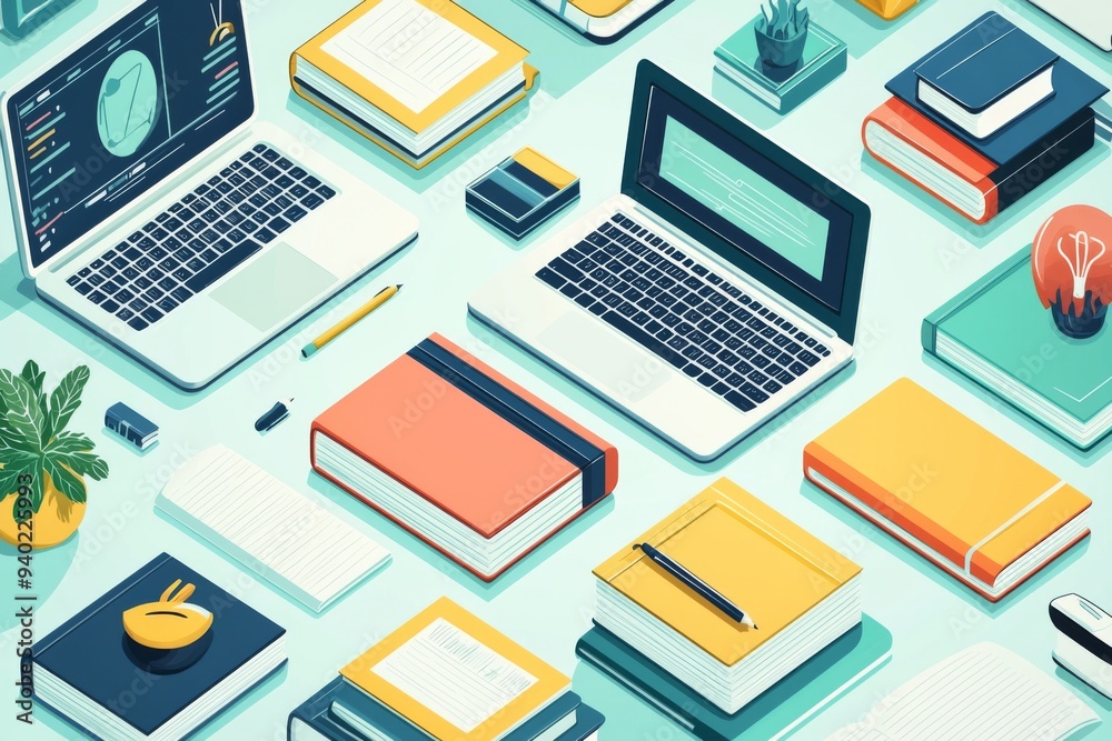 Illustration of educational learning tools set on table created with Generative AI Illustration of educational learning tools set on table created with Generative AI