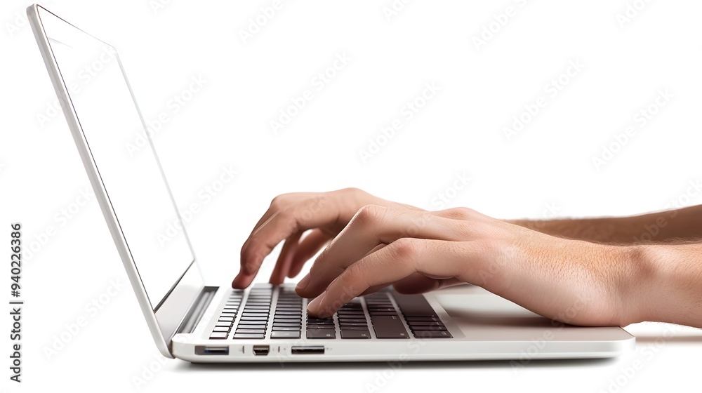 Hands typing on laptop at desk in minimalist home office workspace Hands typing on laptop at desk in minimalist home office workspace