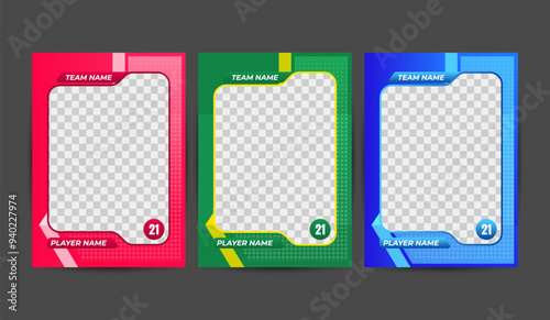 Set of card templates with customizable frames for team and player names, numbers, and photos. Ideal for creating sports team graphics, player profiles, and game sports
