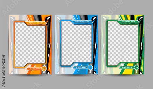 Blank card templates in orange, blue, and green, Set of trading frames for game sports card template
