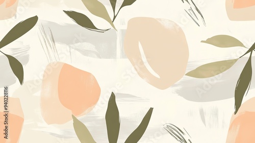 Abstract seamless pattern with beige, light brown, grey and green brushstrokes.