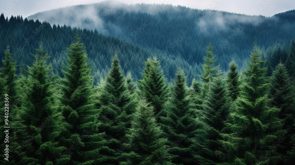 Fototapeta premium Misty Forest Landscape: Tranquil Evergreen Trees in a Serene Setting