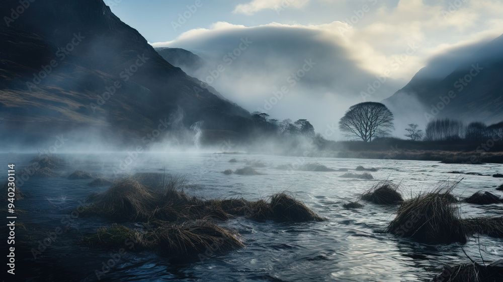 Naklejka premium Misty Mountain River Landscape Photography