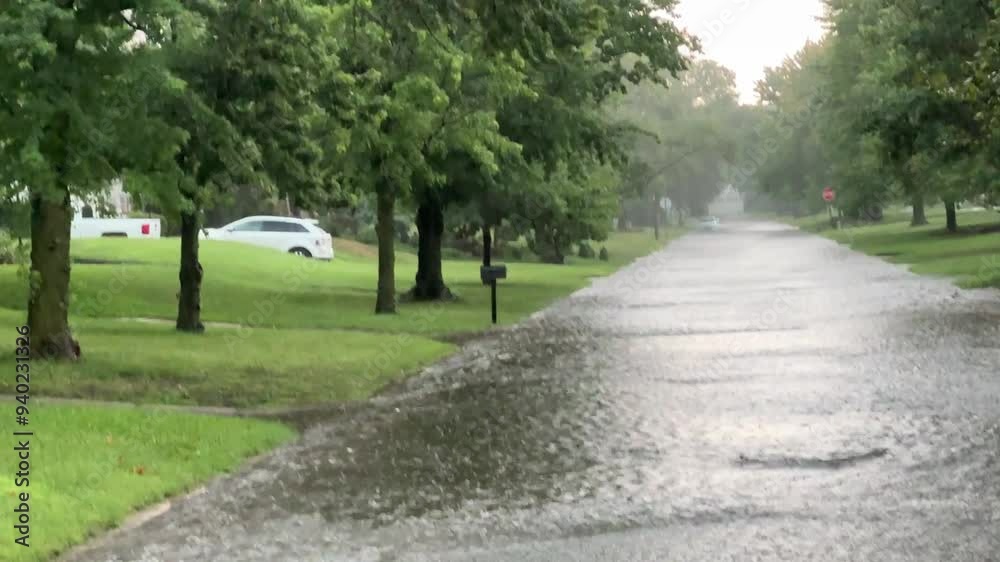 Flood water overwhelms city drainage systems, flooding the street after heavy rains. Drainage and water in historic neighborhood in the midwest - flooding in the suburbs due to severe weather events. Flood water overwhelms city drainage systems, flooding the street after heavy rains. Drainage and water in historic neighborhood in the midwest - flooding in the suburbs due to severe weather events.