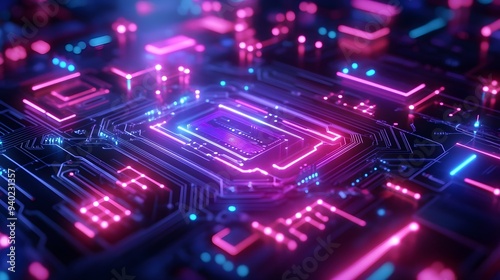 Abstract Circuit Board with Neon Lights, Technology Background