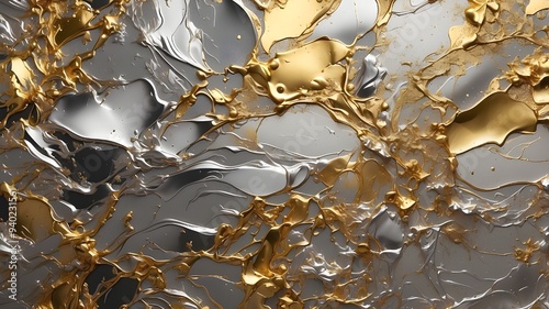  A detailed image of metallic paint splashes in gold and silver, captured in high resolution as they collide, creating a luxurious, abstract design.  photo