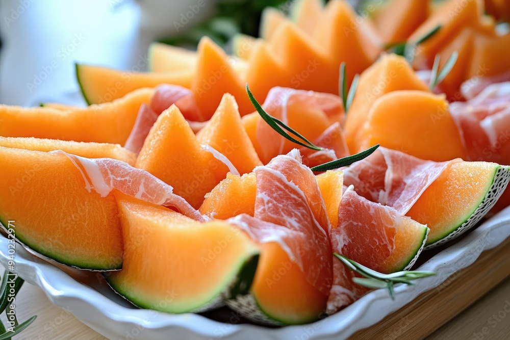 Cantaloupe and Prosciutto Appetizer with Rosemary Garnish