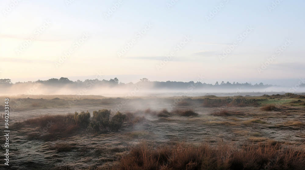 Misty Sunrise Over a Grassland Field Misty Sunrise Over a Grassland Field