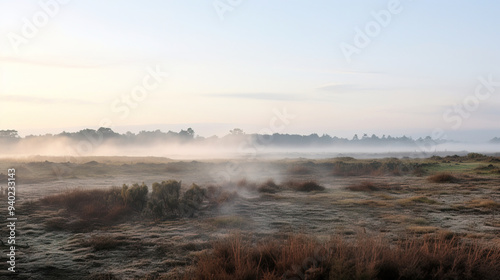 Misty Sunrise Over a Grassland Field