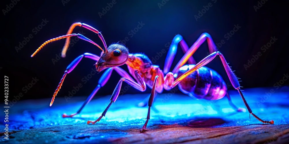 Fototapeta premium Close up image of an ant under blacklight , insect, macro, close-up, glowing, UV light, fluorescent, nature, wildlife