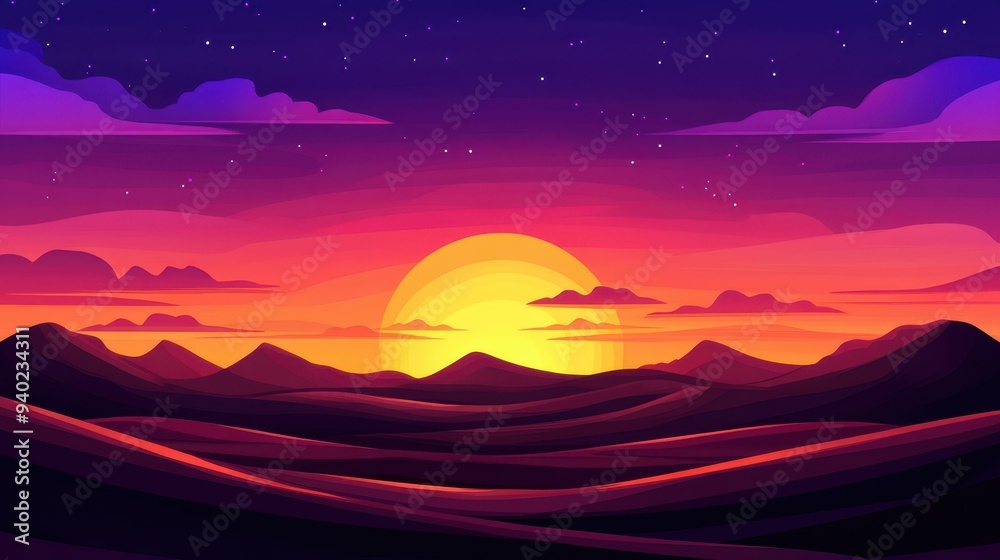 Experience a stunning desert sunset with rich golden shades and soft purple clouds captured in a vibrant flat illustration. Experience a stunning desert sunset with rich golden shades and soft purple clouds captured in a vibrant flat illustration.