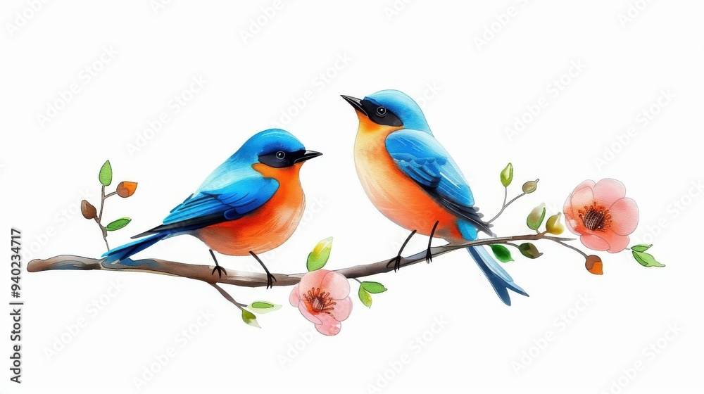 A joyful scene with two birds on a branch, bright flowers, and a charming flat design that brings nature to life. A joyful scene with two birds on a branch, bright flowers, and a charming flat design that brings nature to life.