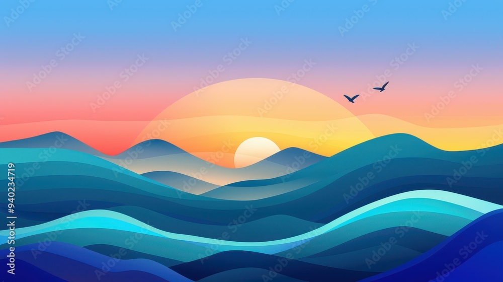 Experience a vibrant mountain scene with pastel skies and playful birds, all in a cheerful, flat cartoon design. Experience a vibrant mountain scene with pastel skies and playful birds, all in a cheerful, flat cartoon design.