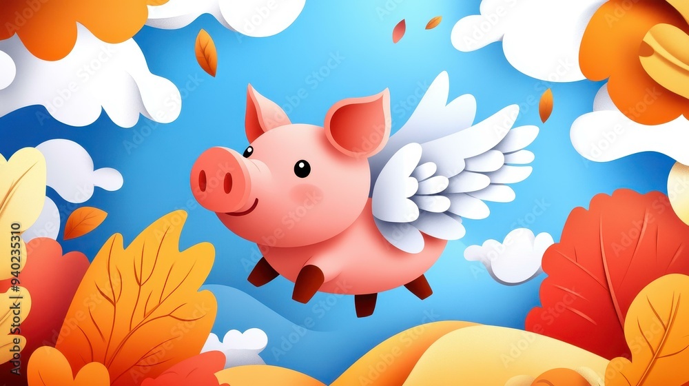 Delight in a whimsical view of nature as a cartoon pig flies high in a vibrant, modern illustrated world. Delight in a whimsical view of nature as a cartoon pig flies high in a vibrant, modern illustrated world.