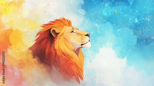 This vibrant illustration showcases a lion, mixing textures and cartoon flair, highlighting natures supreme predator.