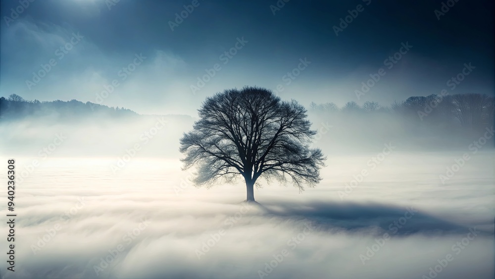 Silhouette of a tree emerging from dense fog , silhouette, tree, mist, fog, nature, eerie, mysterious, atmosphere, spooky