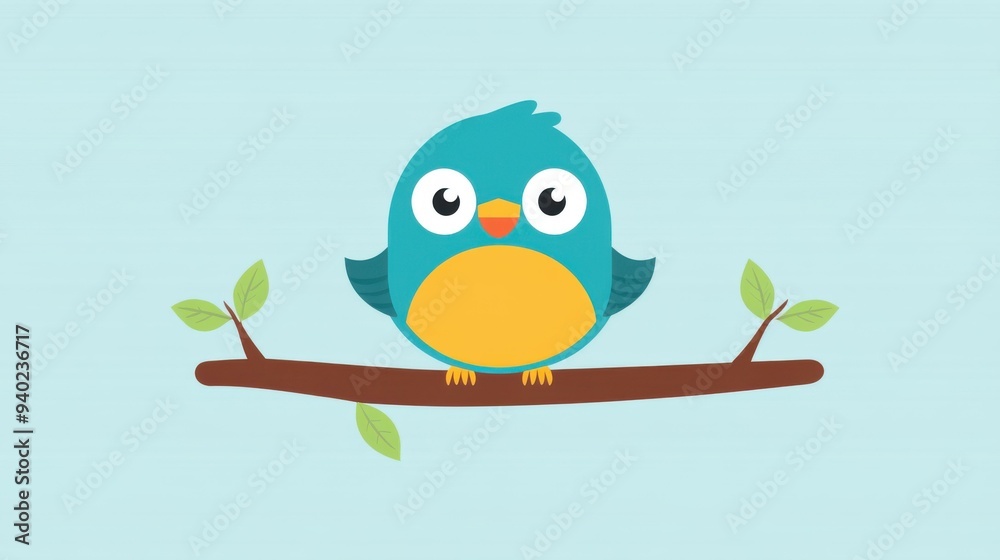 Obraz premium Vibrant cartoon bird on a branch, showcasing sleek textures and a modern flat design that catches the eye and adds fun.
