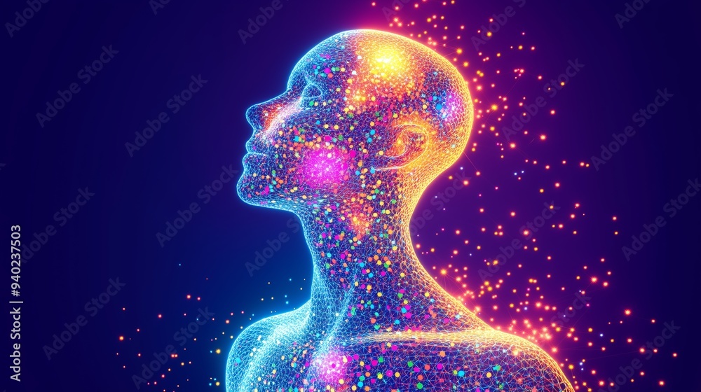 Digital interconnected mesh wireframe  illustration visualisation of the human anatomy. Futuristic medical science artificial intelligence concept on glowing light background copy space. Generative AI