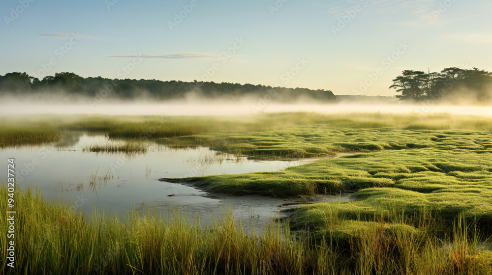 Serene Foggy Landscape with a River Serene Foggy Landscape with a River
