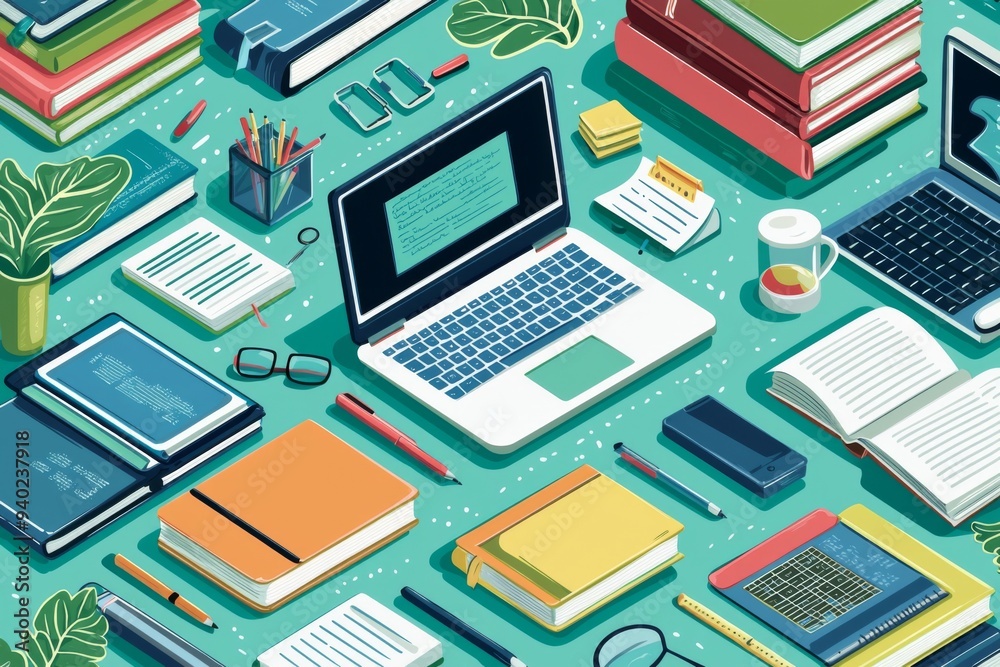 Illustration of educational learning tools set on table created with Generative AI Illustration of educational learning tools set on table created with Generative AI