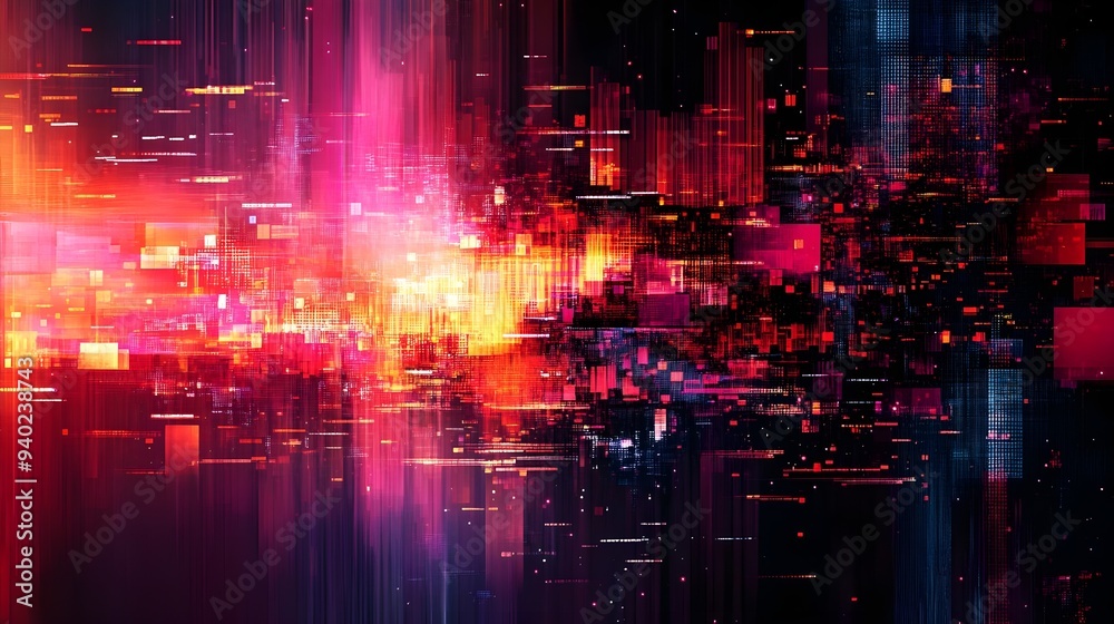 Fototapeta premium Abstract Red and Blue Glitch Cityscape