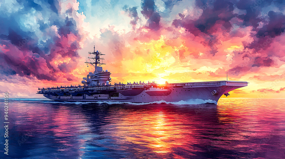 Commanding the Horizon: High-Tech Aircraft Carrier at Watercolor Sunset