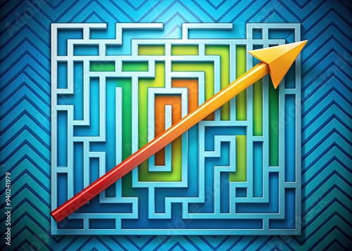 A colorful illustration of a chart with a sharp arrow piercing through a maze, symbolizing successful market penetration and strategic business growth in a competitive landscape. photo