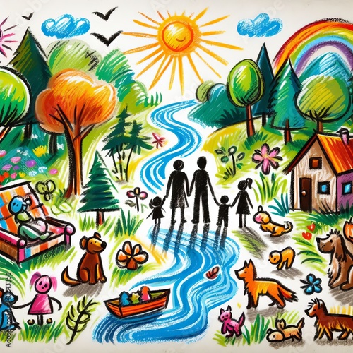 Colorful hand-drawn illustration of a happy family picnic in nature with trees, river, sunshine, and animals.