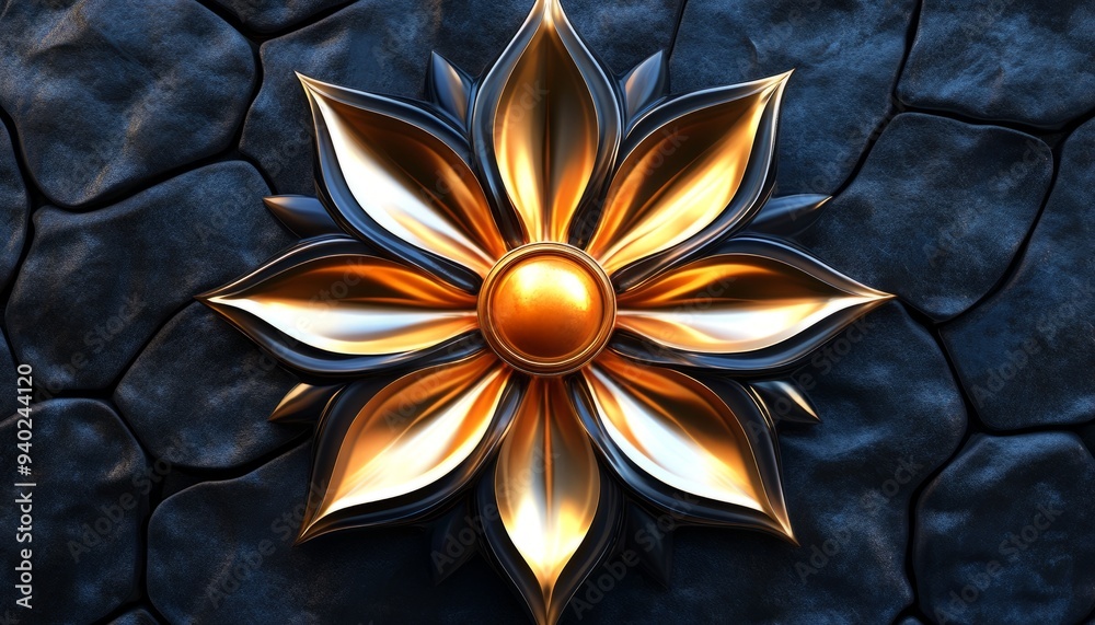 Golden Flower on a Black Stone Background