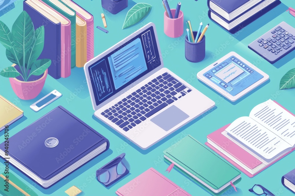 Illustration of educational learning tools set on table created with Generative AI Illustration of educational learning tools set on table created with Generative AI