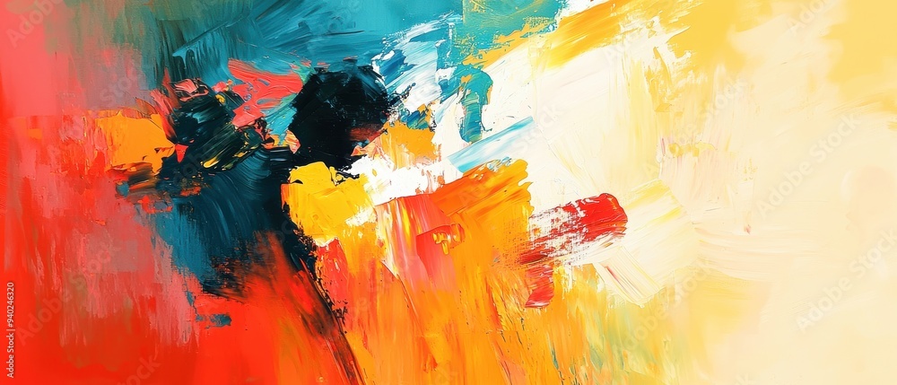 Vibrant abstract painting with bold colors, blending warm and cool hues to create an energetic and dynamic visual experience.